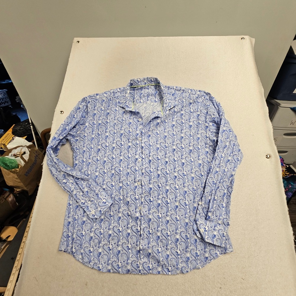 Bertigo Mens Blue White Paisley Button Down Shirt‎ Cotton Stretch Long Sleeve XL